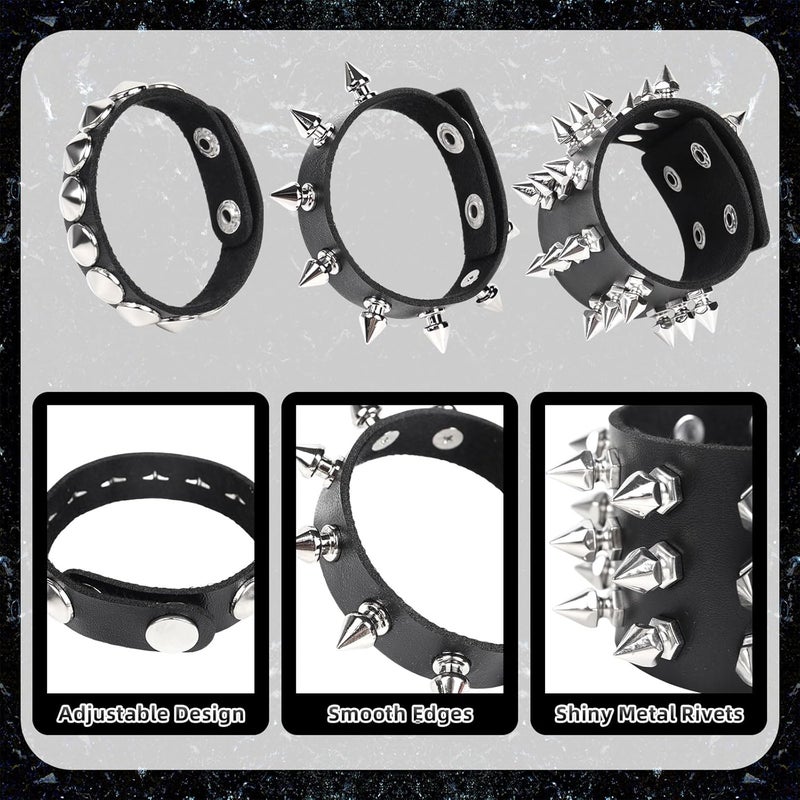 JOLYEAK Punk Leather Rivets Bracelets Punk Rock Leather Studded Bracelets 80s Wristband Emo Gothic Spike Cuff Bracelet Set for Men Women Rocker Outfits Skull Bracelet - Image 4